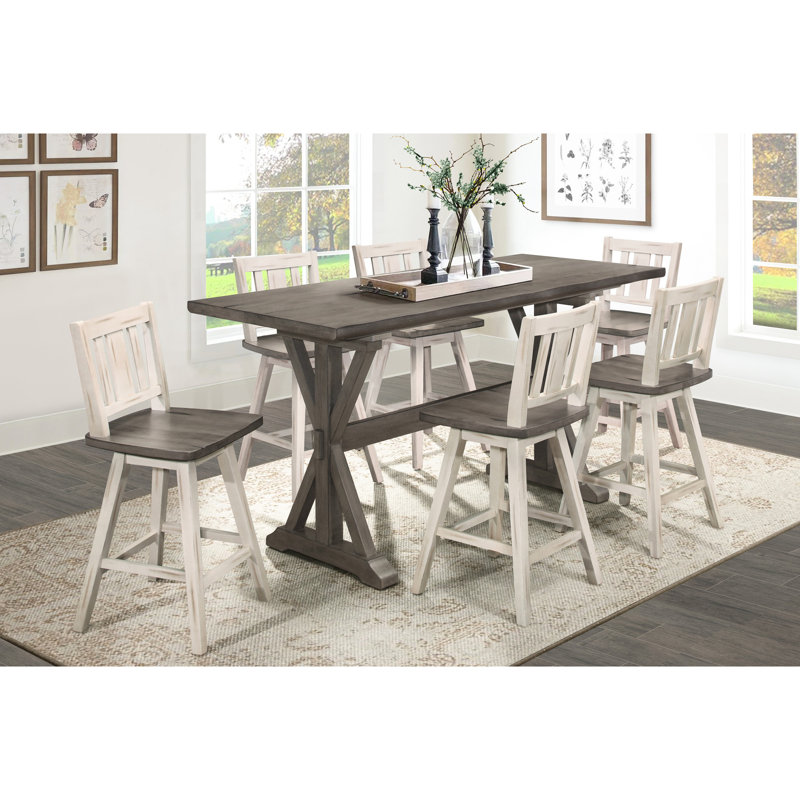 Chaises à hauteur de comptoir en bois d'hévéa massif blanc et gris - 2 chaises rotatives à 360 degrés, gris, aspect rustique avec décoration pivotante et à dossier à lattes verticales