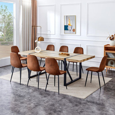 86.6" Dining Table Set For 8, Modern 9 Piece Wood Kitchen Table And Chairs Set, Large Rectangle Dining Table With 8 Suede Upholstered Chairs, Perfect For Family Gatherings And Dining Room