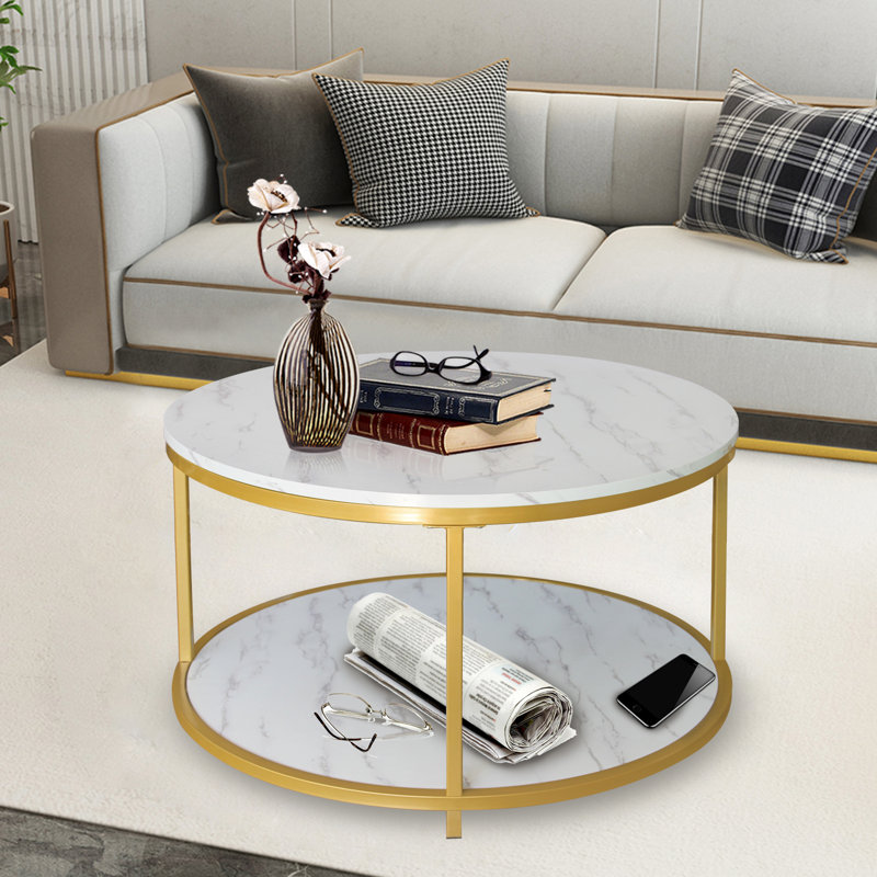 Coffee Table, White Artificial Marble, Gold Metal Rack
