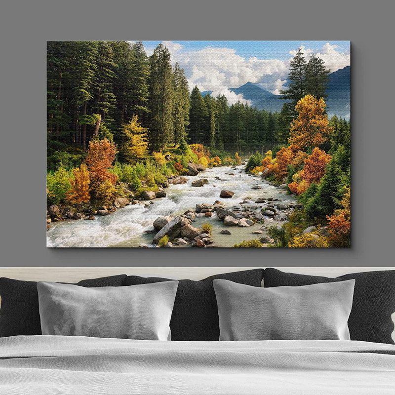 Automne, automne, arbre vibrant, rivière, nature, Wildernes - photographie, Toile tendue, H 32 po x l 48 po x P 1,5 po