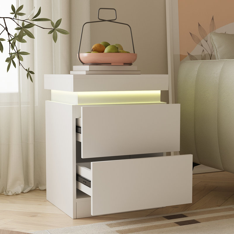 Bedside Table with Charging, 3 Layer Side Table with LED light, Remote and App Control, White