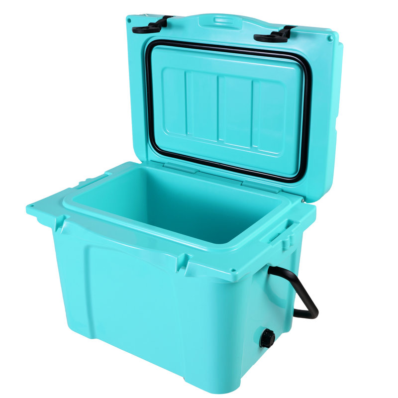 Glacière rigide portative de 25 pintes avec conservation du froid pendant 5 jours, prise en main confortable, moulage rotationnel et fonctionnalités multifonctions incluant un ouvre-bouteille, un porte-gobelet et une règle de formage pour les voyages et la plage.