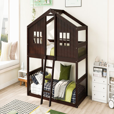 Lit superposé simple au-dessus de simple avec échelle, bois de pin massif, finition espresso, conception de maisonnette pour le plaisir et le confort