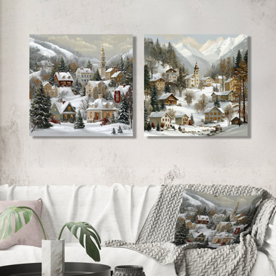Brown White Winter Christmas Village I - Christmas Wall Art - Traditional Wall Art Canvas 2 Piece