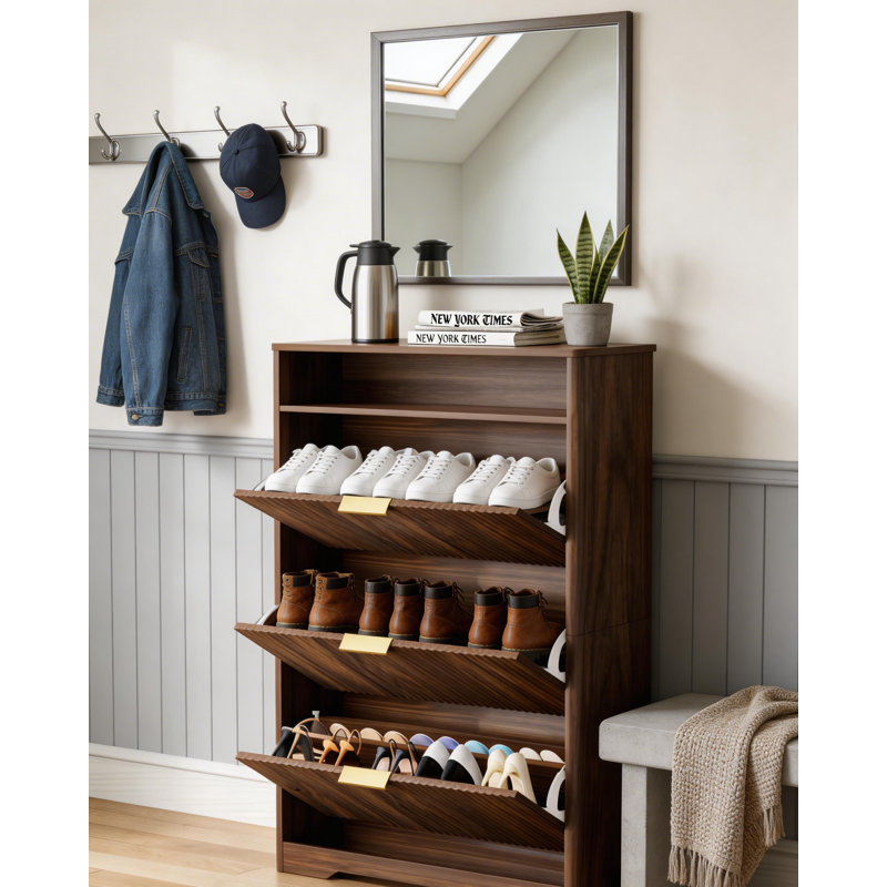 Luxury Walnut Shoe Storage Cabinet - 3 Tilt-Out Compartments & Open Display Shelf, Walnut Wood, 54.4" H x 31.6" W x 9.6" D 