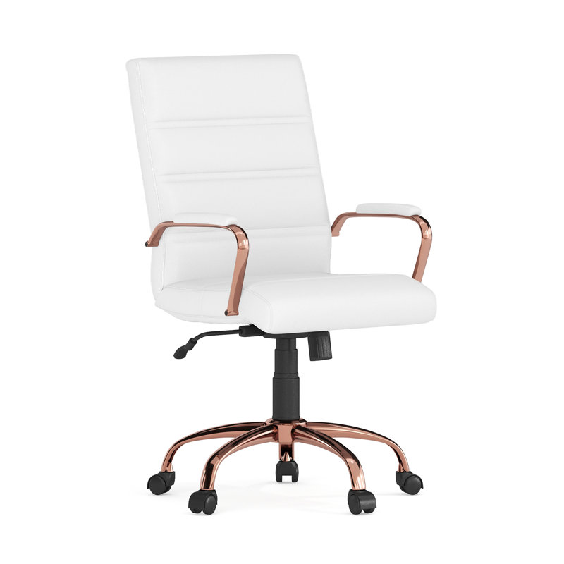 Whitney Ergonomic Upholstered Mid-Back Swivel Office Chair, Rose Gold, White Faux Leather