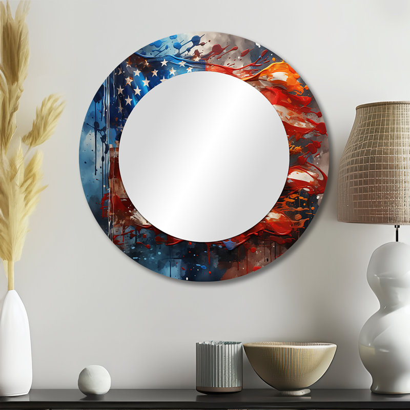 Drapeau moderne des États-Unis I - drapeau unique, miroir rond traditionnel, impression d'art en métal, 23 po x 23 po
