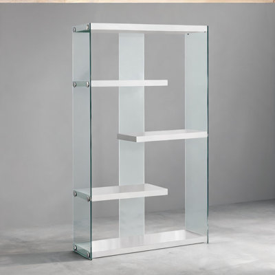 Bibliothèque transparente en verre trempé à 5 niveaux, étagères ouvertes pour chambre de bureau, panneau de fibres à densité moyenne blanc brillant, rangement moderne de 58,75 pouces de hauteur