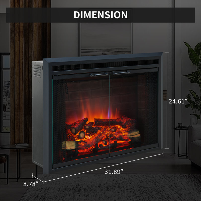 Puraflame Breena Electric Fireplace Insert with Fire Crackling Sound, Glass Door and Mesh Screen, 750/1500W, Black, 29 15/16 Inches Wide, 23 3/16 Inches High