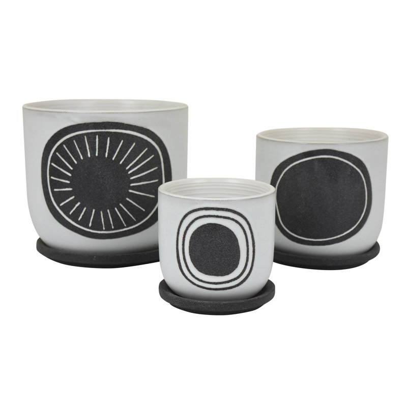 Meon 3Pc Garden Planter Set, Textured White And Black Ceramic Design
