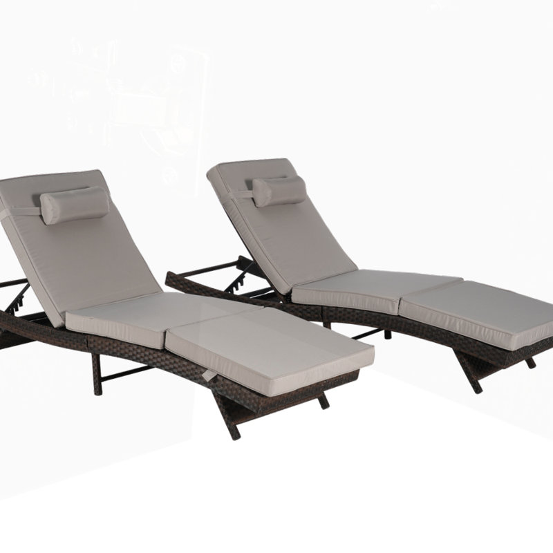 Outdoor Wicker Long Reclining  Lounge Chair Set of 2, Light Gray