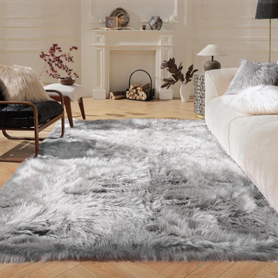 Kellor Washable Silver Gray Fluffy Faux Sheepskin Fur Shag Area Rug