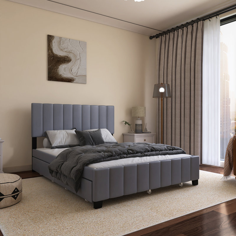 Grand lit plateforme tapissier avec lit gigogne simple TG, Gris