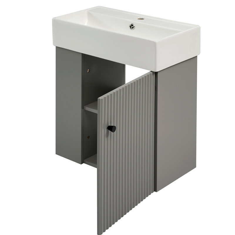[Vidéo] Meuble-lavabo flottant moderne de 21,6 po avec lavabo en céramique - parfait pour les petites salles de bain, rangement à gauche