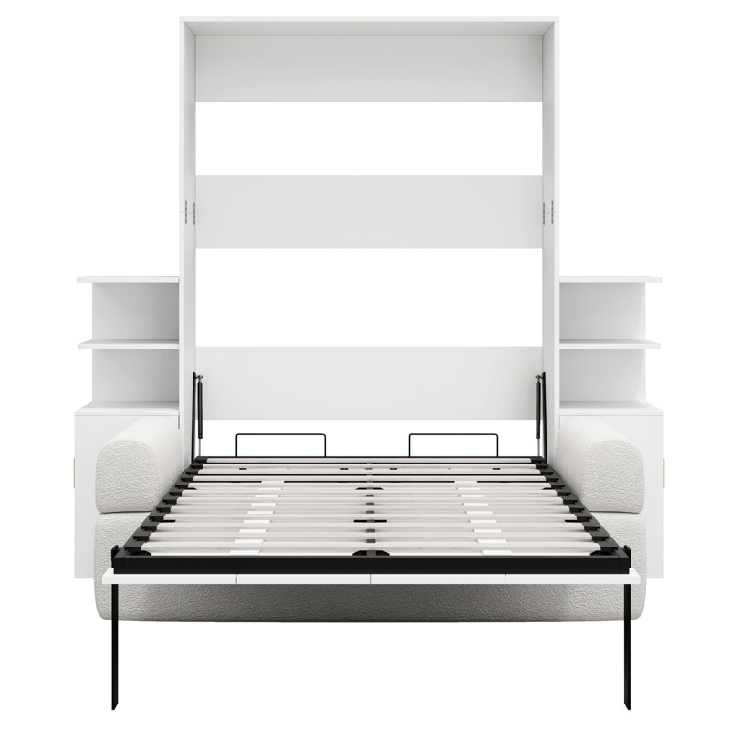Lit mural blanc pleine grandeur avec rangement, idéal pour les petits espaces, pièce multifonctionnelle, cadre robuste blanc, se transforme de à en quelques secondes, fabrication de haute qualité, mécanisme à deux pistons