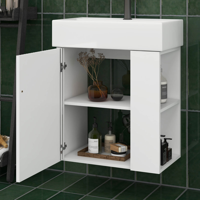 Meuble-lavabo flottant 21,6 po avec lavabo, petit meuble-lavabo mural avec lavabo en céramique, rangement ouvert à droite