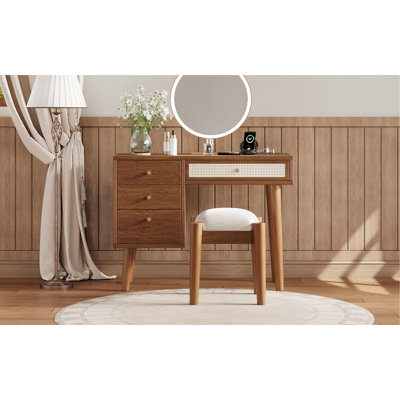 Meuble-lavabo en bois 39 po avec 4 tiroirs, ports de charge et tabouret, tiroirs en noyer - style bohème 39 po