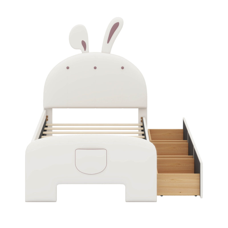 Un lit plateforme en velours avec une tête de lit en forme de lapin, Beige, Simple