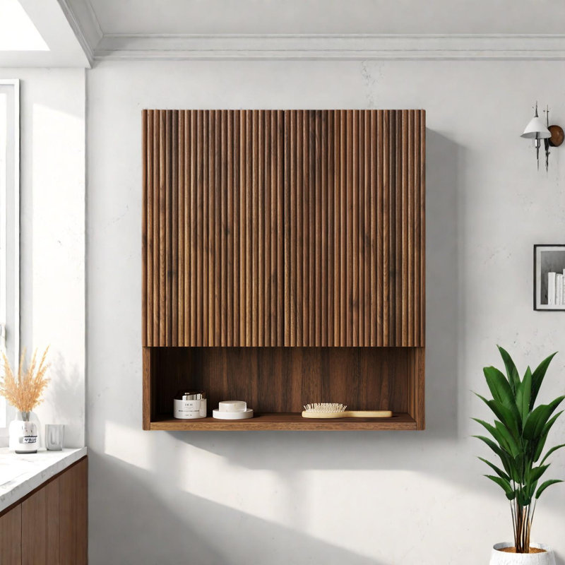 Wall-Mounted Striped Bathroom Cabinet with Storage Compartment, Brown Oak