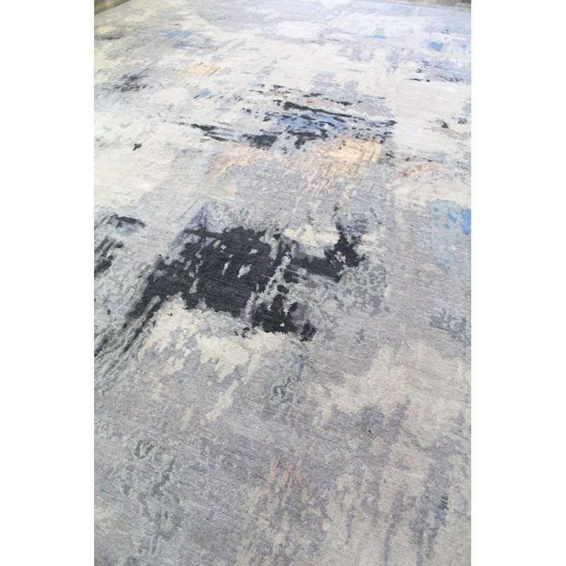 Tapis gris noué à la main de conception unique 9 pi x 12 pi New Age Uptown