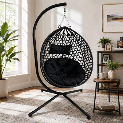 Foldable Hanging Egg Chair with Stand Supports 350 lbs Indoor Outdoor Patio Chair with Cushion