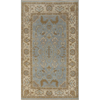 Tapis bleu clair à motif floral Oushak 3 x 5
