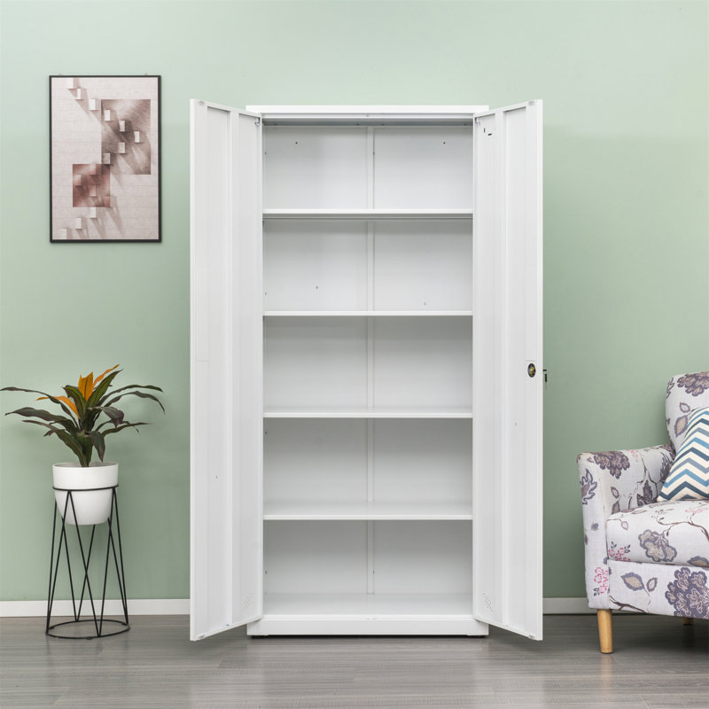 High Storage Cabinet with 2 Doors and 4 Partitions to Separate 5 Storage Spaces, Home/ Office Design, White