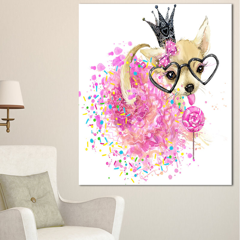 «Cute Dog with Crown and Glasses», reproduction d'art sur toile tendue, H 20 po x l 12 po x P 1po