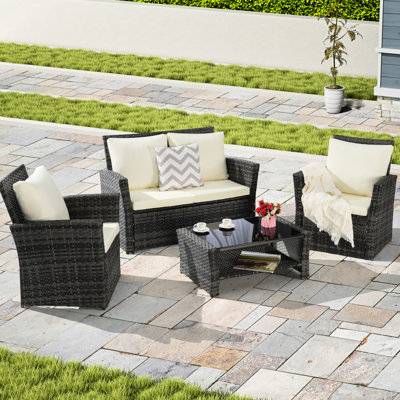 4pcs Outdoor Patio Furniture: Garden Chair And Tempered Glass Table. Weather , . For Backyard, Balcony, Pool. Beige & Gray