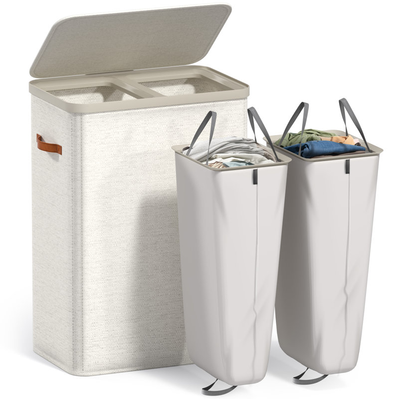  Fabric Laundry Hamper - Collapsible 2-Compartment Laundry Basket with Removable Laundry Bag - Beige, Beige
