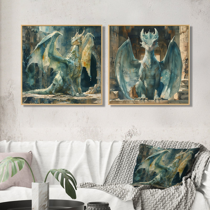«Green Antique Ruins Dragon I - Dragons», art mural moderne 2 pièces, H 36 po x l 73 po, Impression encadrée flottante
