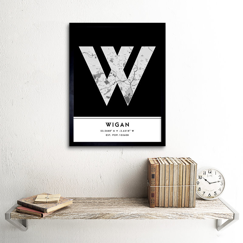 Wigan City Map Wigan Black & White by Wee Blue Coo - Single Picture Frame Typography