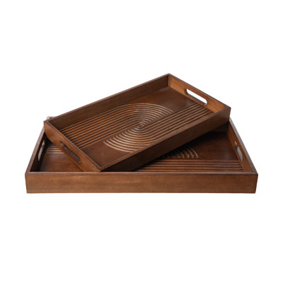 Rectangle Rubber Wood Abstract Trays With Handles