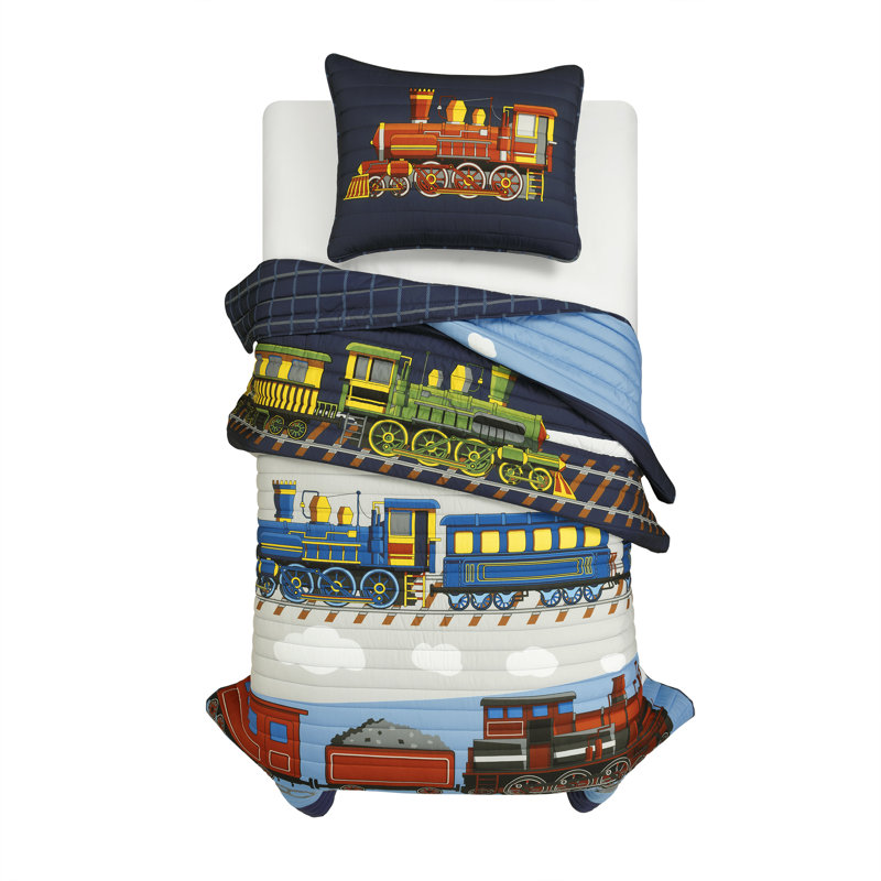 Lush Decor Steam Trains Reversible Quilt Set, Twin Quilt + 1 Standard Pillowcase