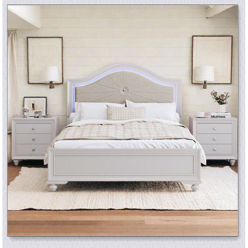 Modern Wood Bed With Hidden LED Light Upholstered Curved Headboard, Full / Double