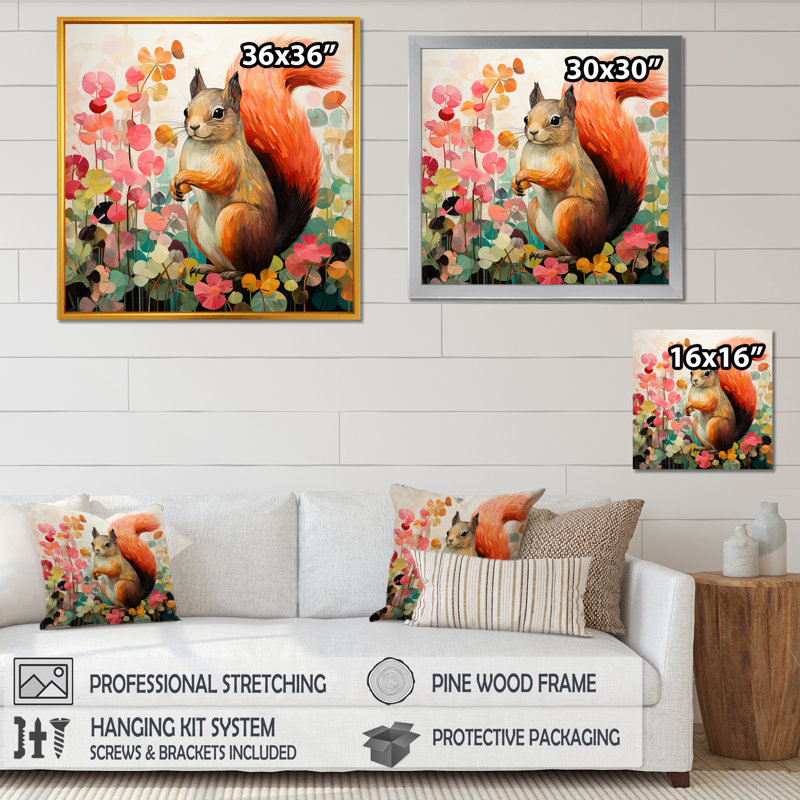 Écureuil rose et vert en fleurs II - écureuil, art mural, H 36 po x l 36 po x P 1,5 po, Cadre flottant brun