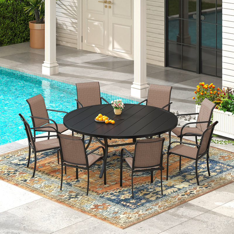Ensemble repas 9 pièces pour patio avec table ronde de 60 po, Noir / brun