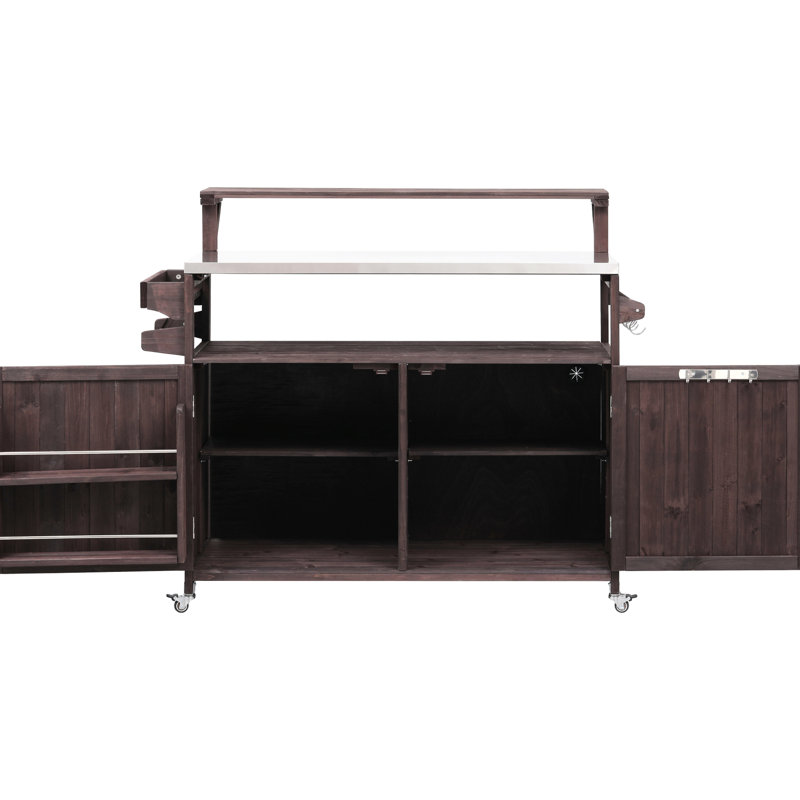 Îlot de cuisine extérieur 53,3 po - Plateau en acier inoxydable et support à épices, Brun