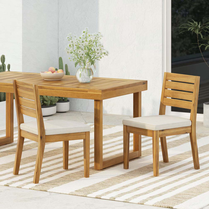 Chaise sans accoudoirs d'extérieur en bois d'acacia avec coussins, chaise de salle à manger, Coussin beige / structure brune