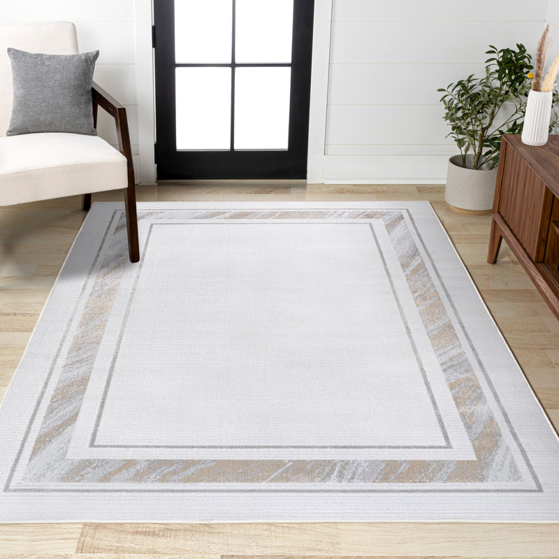 Maythel Classic Border Marble Pattern High-Low Silver/Gold Rug, Rectangle 5'3" x 7'7"