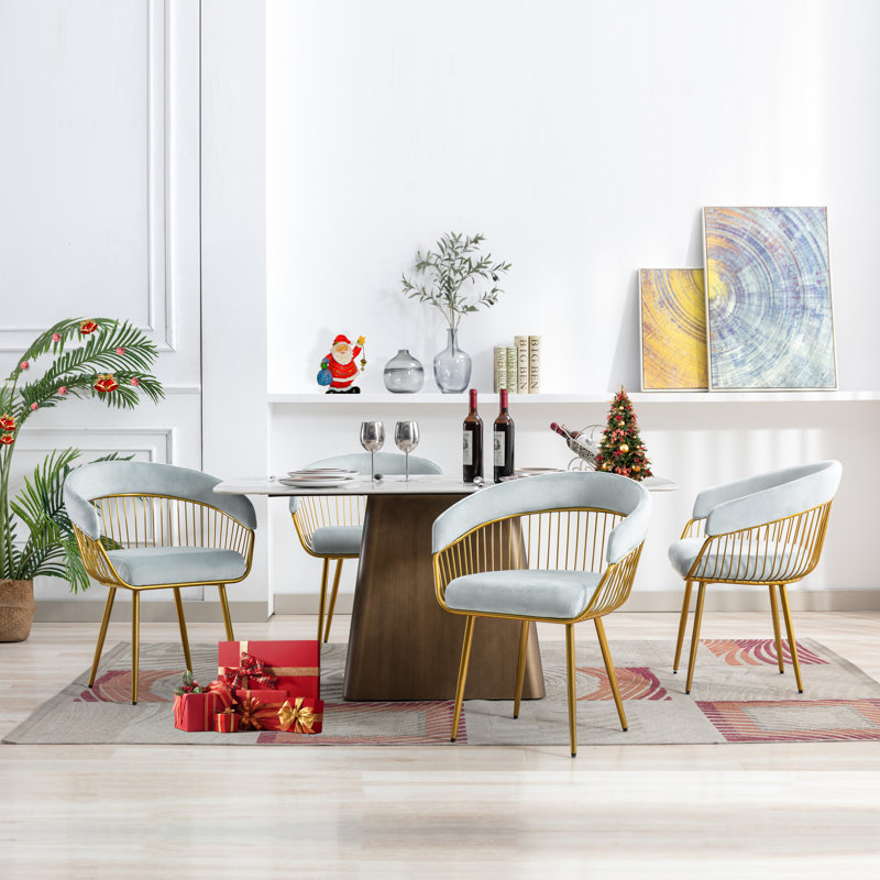 Modern Mid Century Dining Chair, Upholstered Velvet Dining Room Chairs with Metal Legs for Makeup/Living Room, Blue