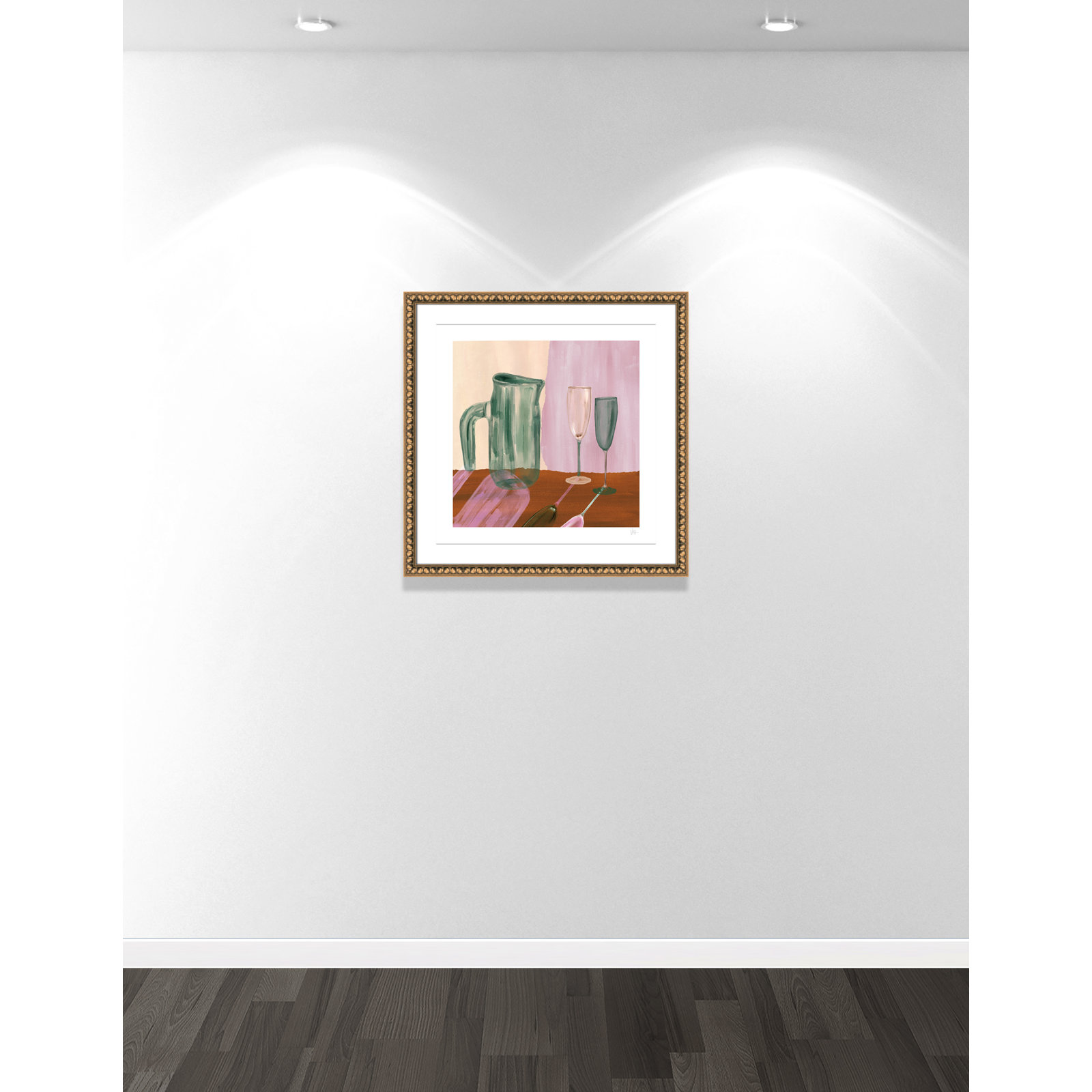 Jug and Champagne Flutes Print by Violets Print House, 28.5'' W x 28.5'' H, Matted Print, Gold Leaf Beads