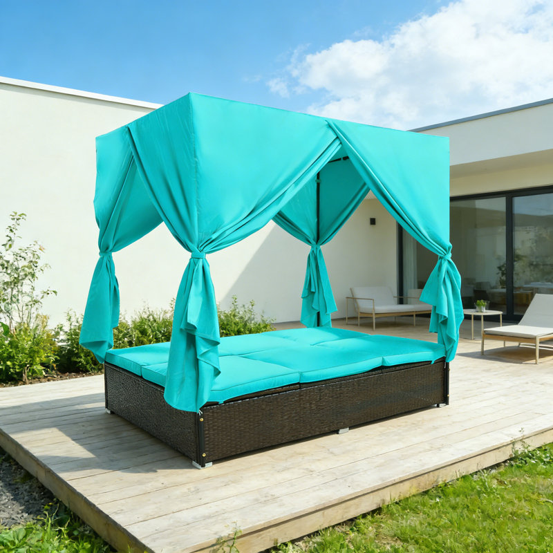 Outdoor Double Chaise Lounge Daybed With Curtains & Adjustable Backrest, Steel Frame Patio Sunbed Loveseat For Backyard, Poolside & Terrace