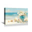 Vase turquoise avec fleurs blanches et coquillages - art mural sur toile de plage côtière-128973775