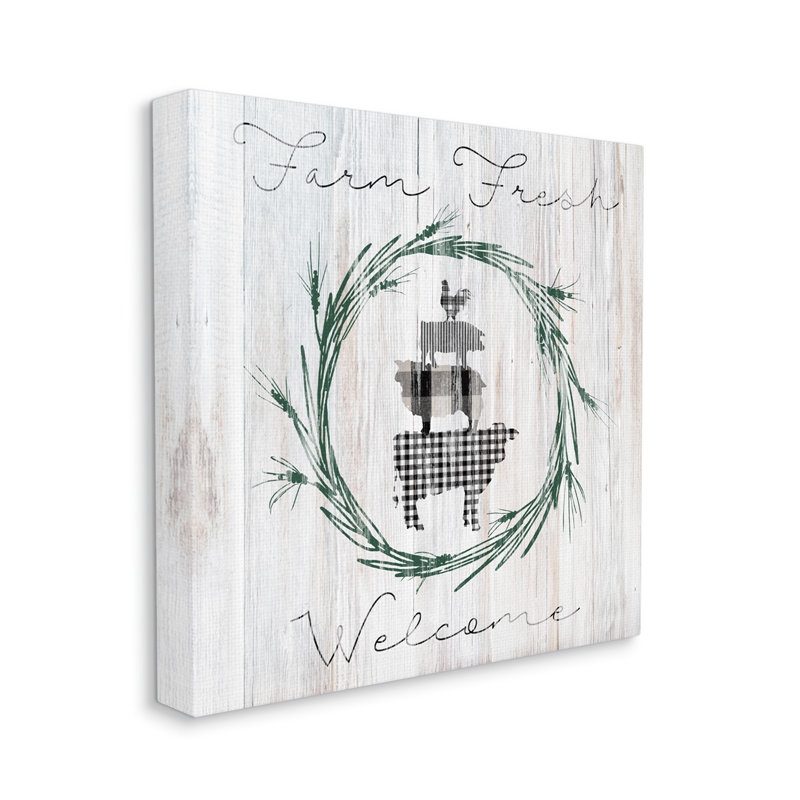 «Farm Fresh Welcome Sign Tartan Cow Laurels» par Carol Robinson - impression, H 17 po x l 17 po x P 1,5 po, Toile tendue