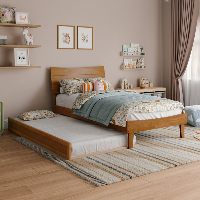 Phoenix Wood Platform Bed with Trundle, Light Toffee, Twin
