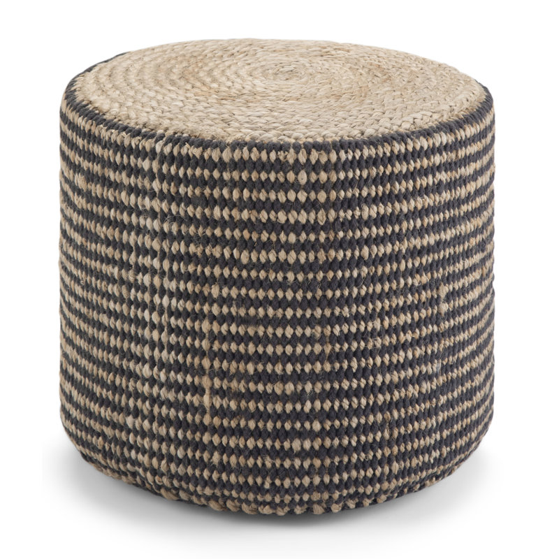 Larissa 18"W Hand Braided Jute Boho Round Pouf with Polystyrene Filling, Natural/Black