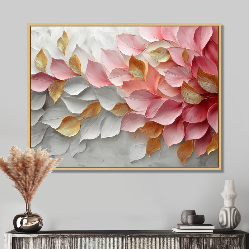 Or rose élégant veines de pétales de fleurs - art abstrait grand fleurs abstraites, H 16 po x l 32 po, Cadre flottant, Brun