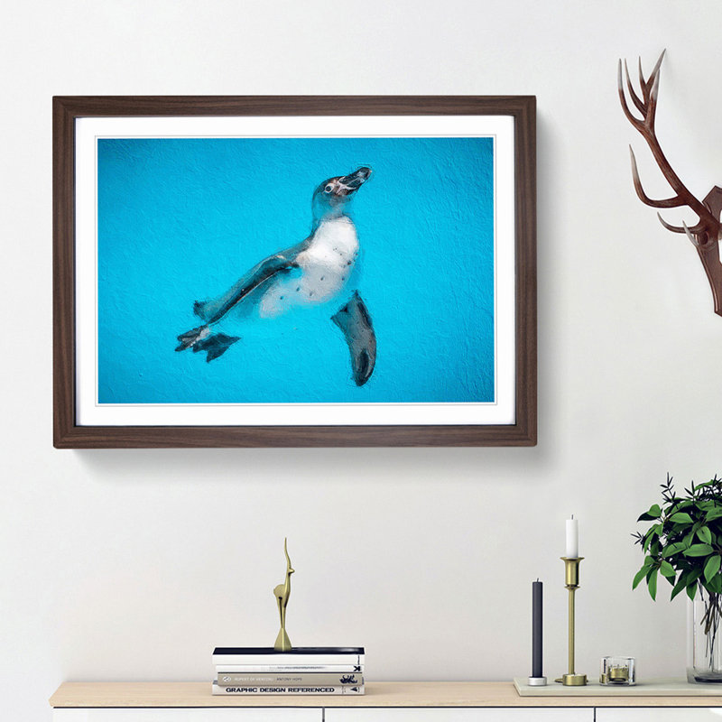 Swimming Penguin - Picture Frame Painting Print, 36cm H x 48cm W x 2cm D, Walnut Framed