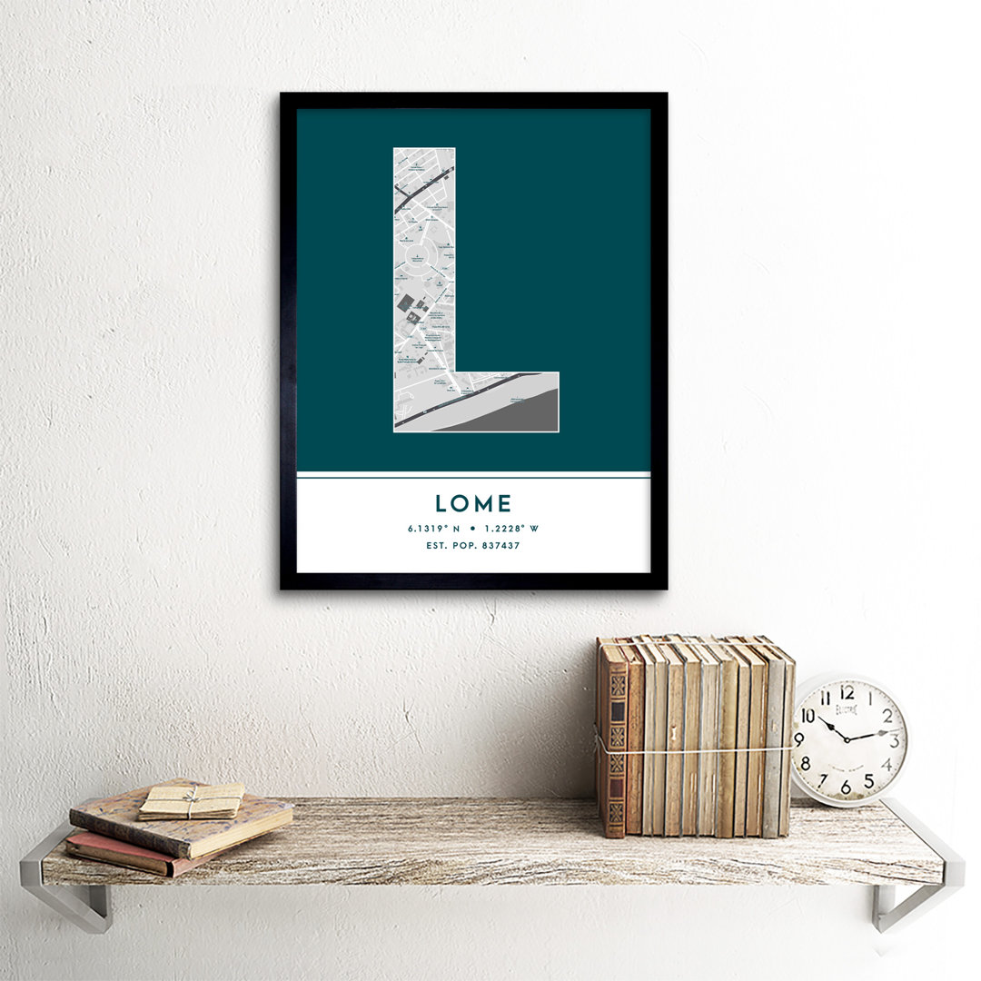 Lome Togo City Map Teal Colour Block Modern Typography Stylish Letter Framed Word Wall Art Print Poster